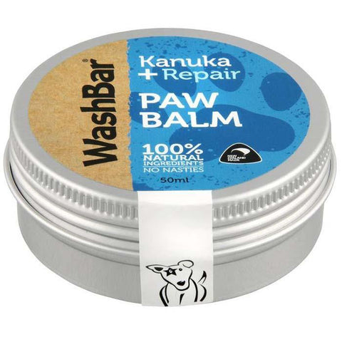 A product picture of the front of a container of Kanuka repair paw balm made by WashBar
