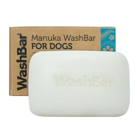 A picture of the 100% all-natural Manuka WashBar soap for dogs outside it&