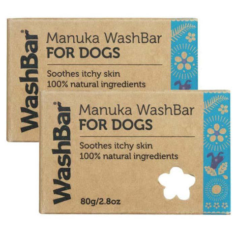 A picture of two packages of WashBar Manuka dog soap bars made with Manuka honey oil