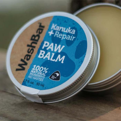 An upclose picture of Kanuka repair paw balm for dogs made by WashBar